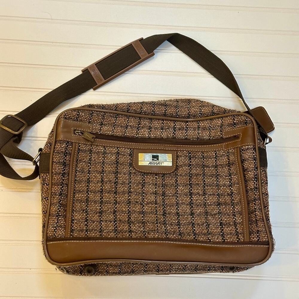 Vtg Airway Oleg Cassini Travel Crossbody Messenger Bag Tote Brown Plaid *Read